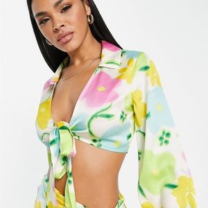 Asos Floral Silky Tie Front Collared Top